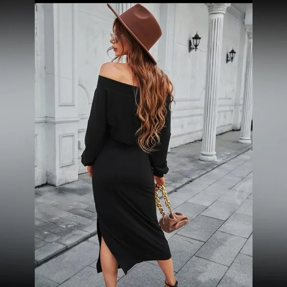 OFF SHOULDER SPLIT HEM DRESS - Picture 2 of 4